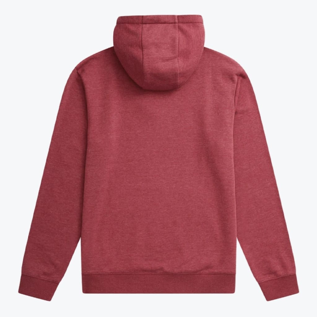 The back view of a heathered red long-sleeve hoodie with ribbed cuffs and hem on a white background.