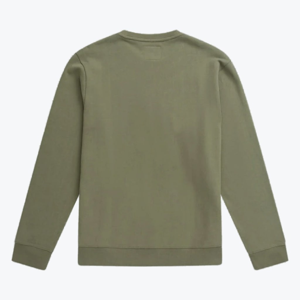 The back view of a plain olive green crewneck sweatshirt with long sleeves, ribbed cuffs, and a ribbed hem on a white background.