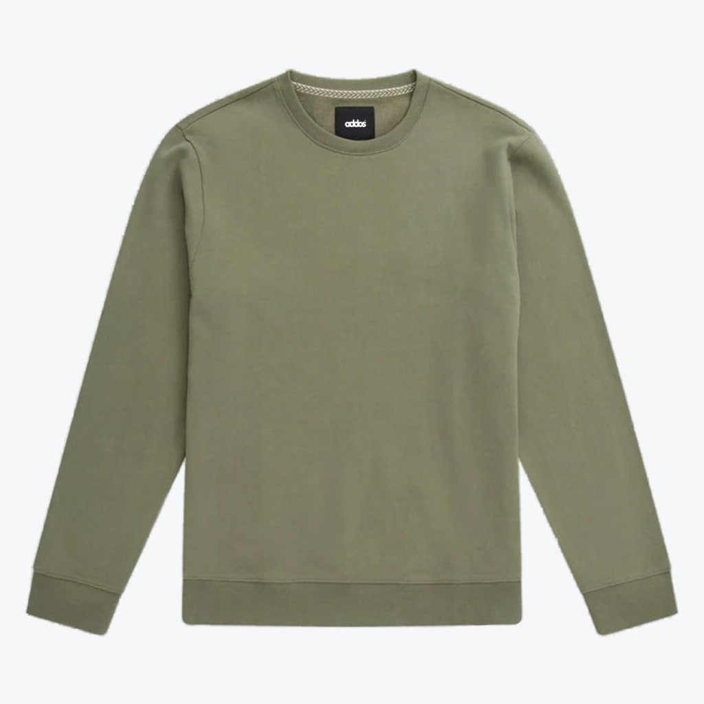 An olive green long-sleeve crewneck sweatshirt displayed flat against a plain white background.