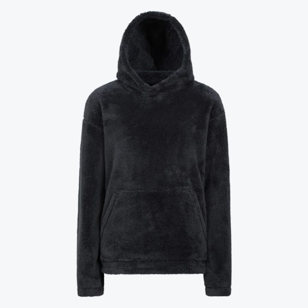 A plush black fleece hoodie with a kangaroo pocket and hood, displayed on a white background.