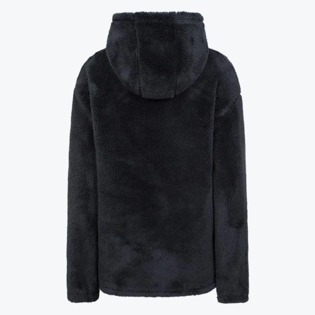 Back view of a fluffy, dark grey fleece hoodie with a hood, set against a plain white background.
