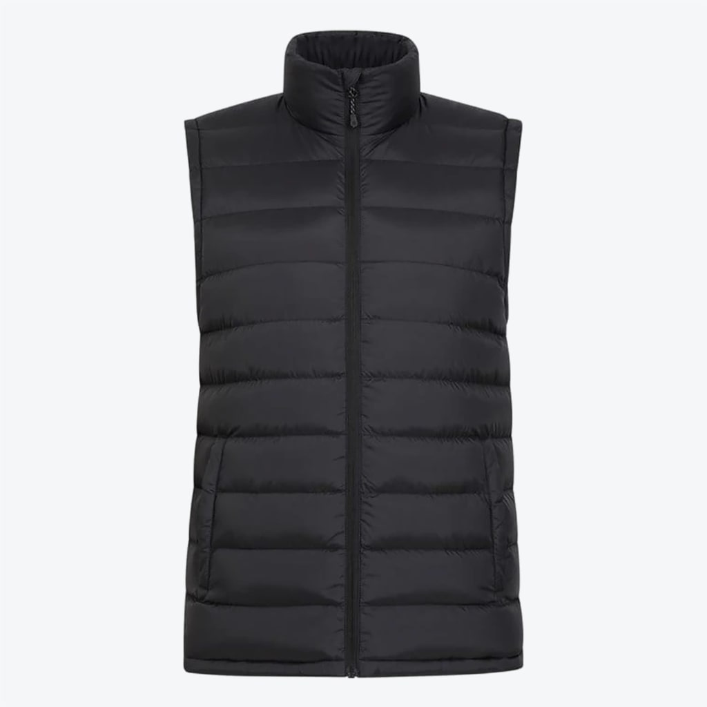 A black quilted puffer vest with a high collar and front zipper, shown against a plain white background.