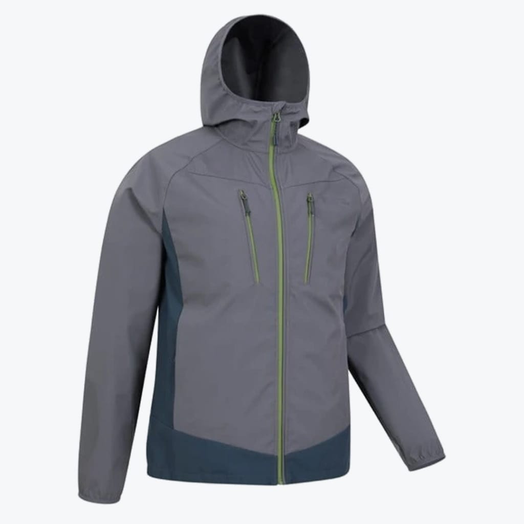 A grey and dark blue hooded outdoor jacket with lime green zippers on a white background.