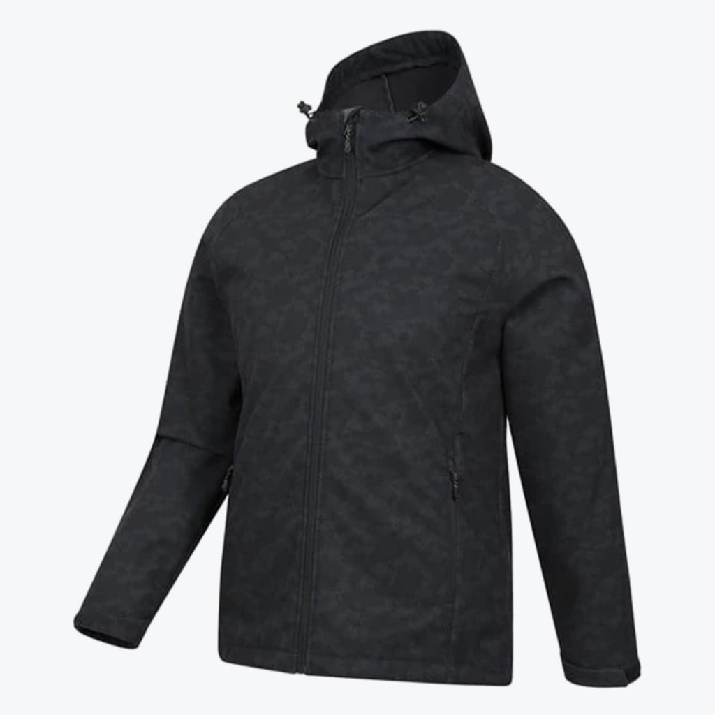 A dark grey and black camouflage hooded jacket with a full zipper, shown against a solid white background.