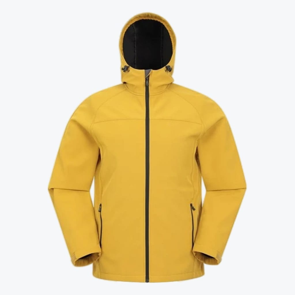A mustard yellow hooded softshell jacket with black zippers on a plain white background.