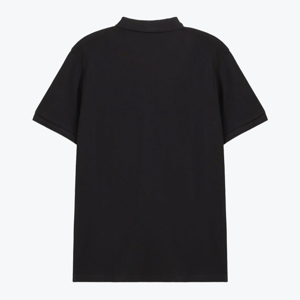 Back view of a plain black short-sleeve polo shirt against a white background.