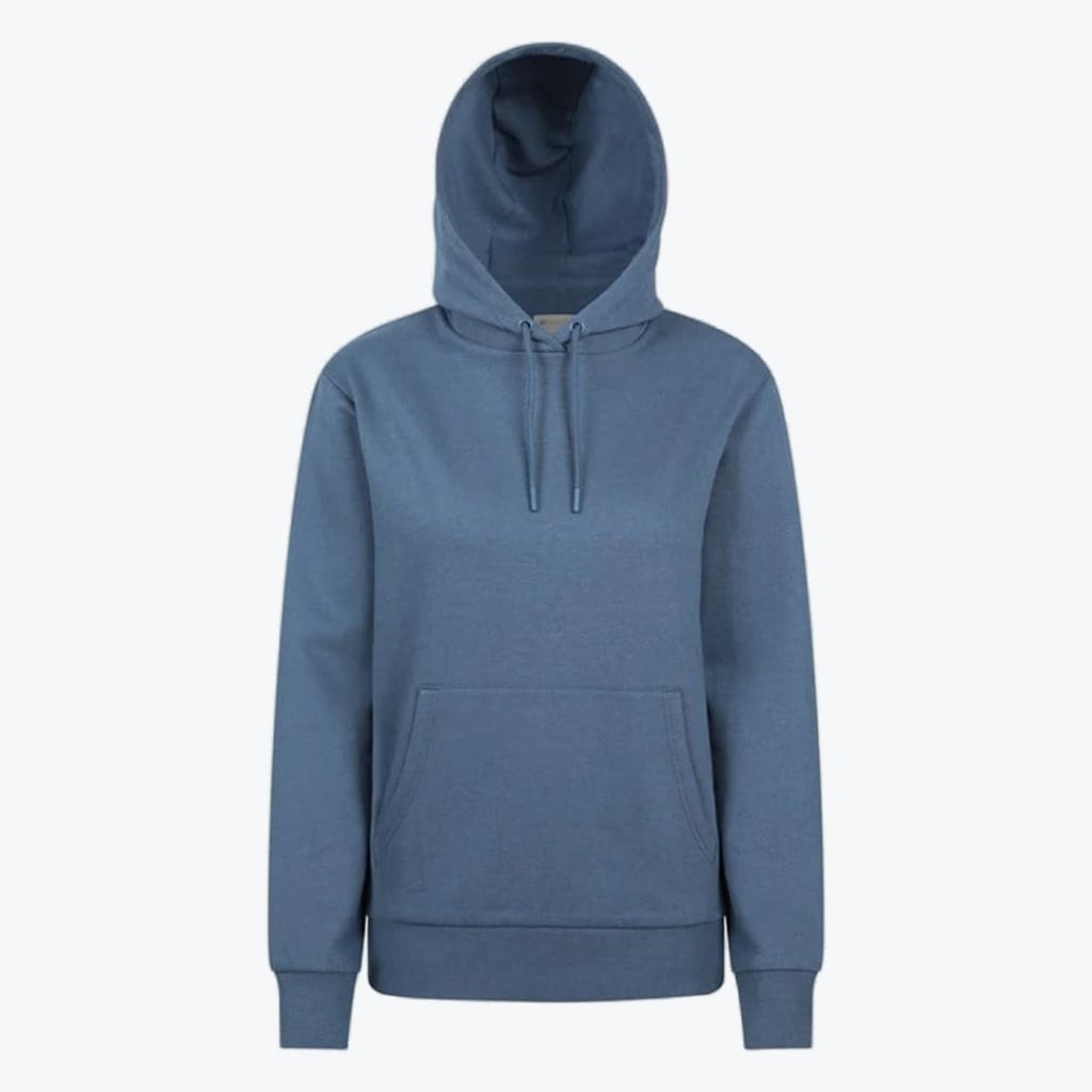 Front view of a solid dusty blue hoodie with a kangaroo pocket and drawstrings on a white background.