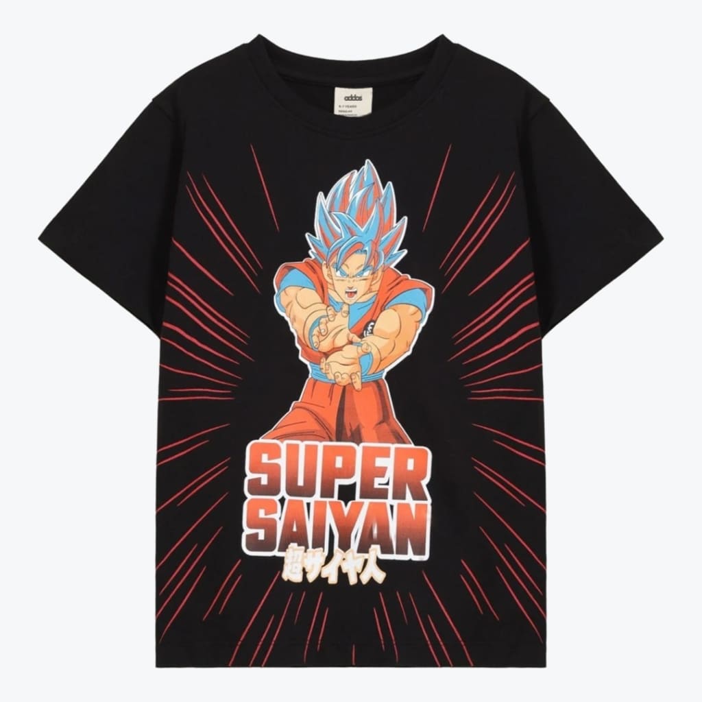 A flat lay of a black t-shirt featuring a graphic of Goku in his Super Saiyan Blue form with red speed lines and the text SUPER SAIYAN in bold gradient letters.