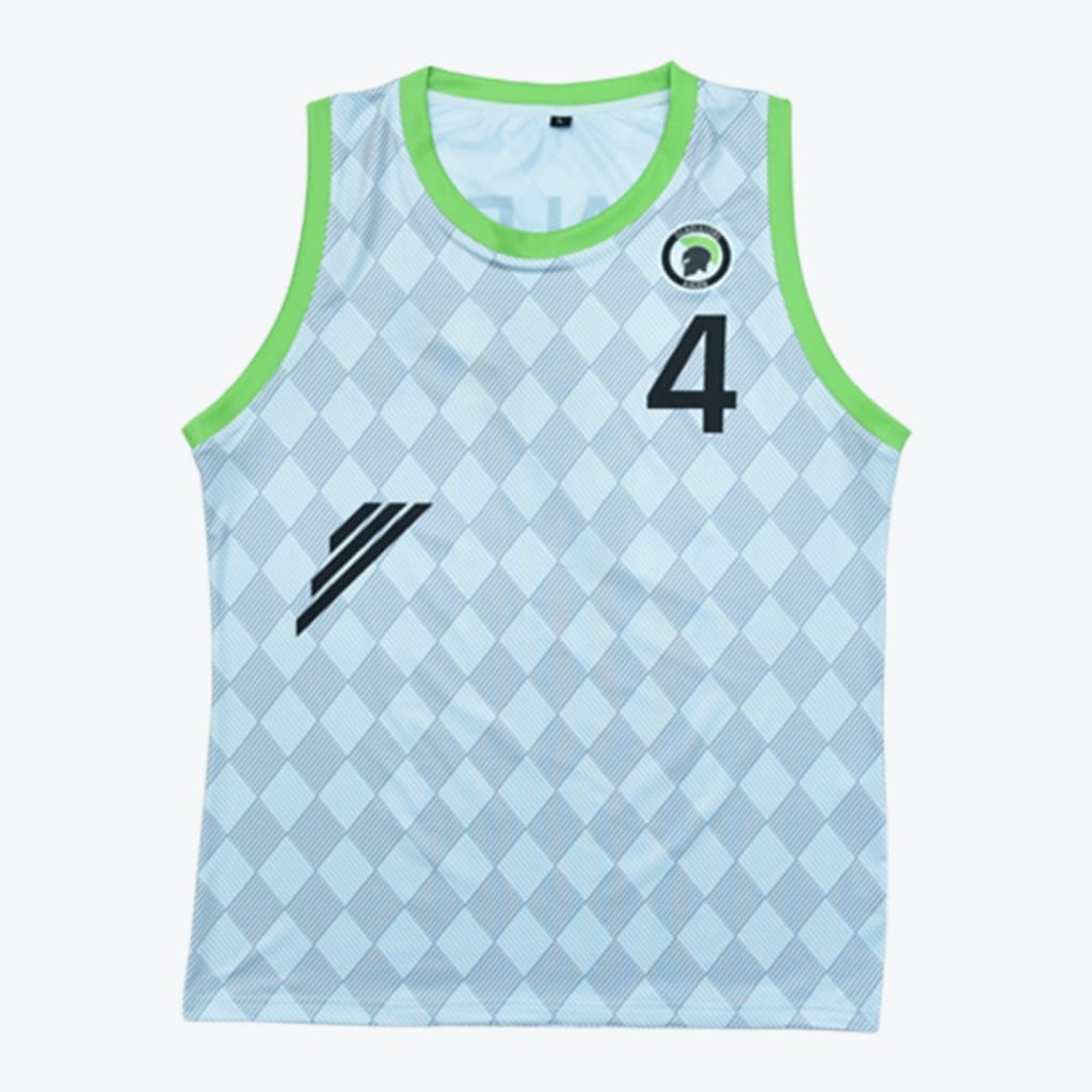 A light blue sleeveless basketball jersey with a diamond pattern, lime green trim, a Spartan logo, the number 4, and a black diagonal striped logo on the side against a white background.