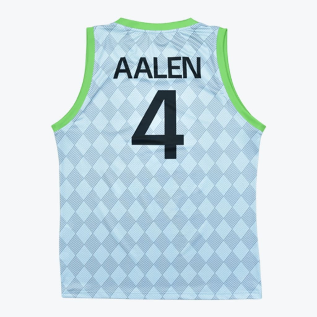 Back view of a light blue diamond-patterned basketball jersey with green trim, featuring the name AALEN and the number 4 in black.