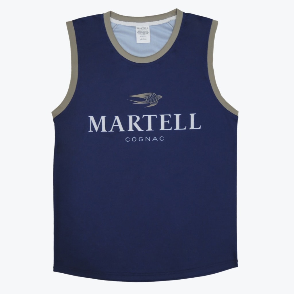 A navy blue sleeveless shirt with the Martell Cognac logo and swift bird emblem printed in white and gold on the front, featuring grey trim on the collar and armholes.