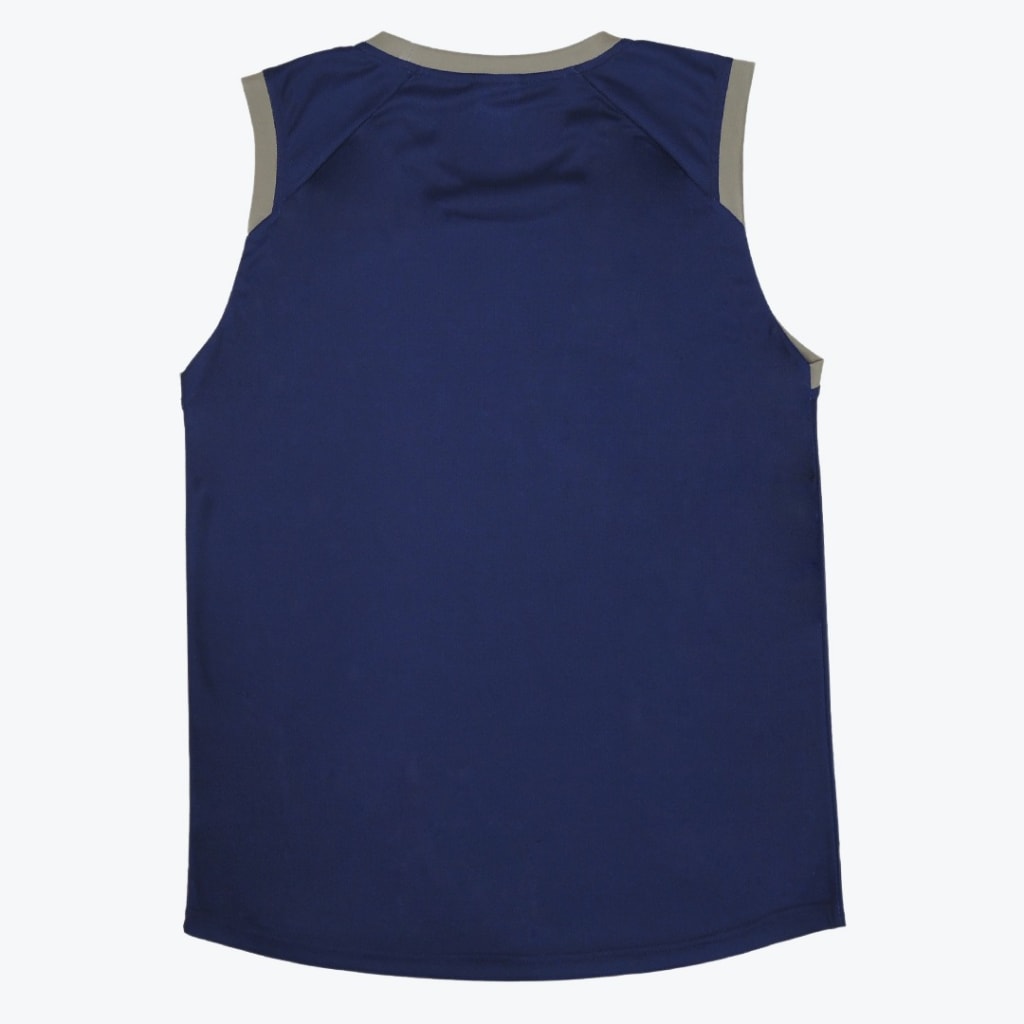 The back of a navy blue sleeveless athletic jersey with grey trim on the collar and armholes, laid flat against a white background.
