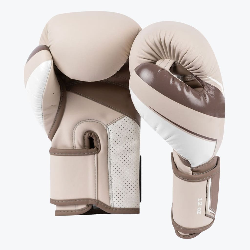 A pair of beige, brown, and white leather boxing gloves shown from the front and side views against a white background.