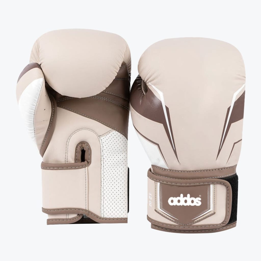 A pair of beige and brown Addos boxing gloves displayed against a solid white background, showing both the palm and back views.
