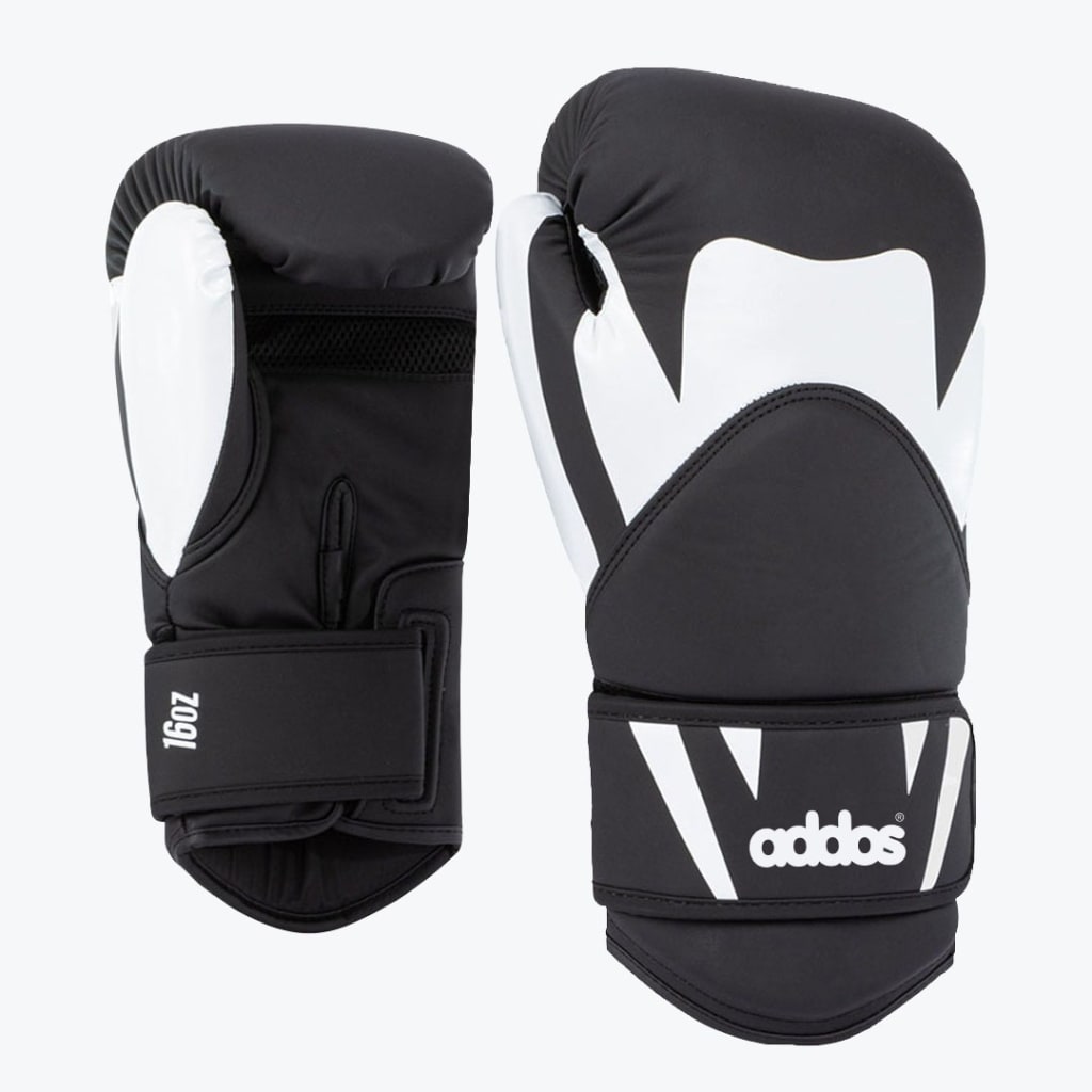 A pair of black and white Addos boxing gloves, one showing the palm side with a 16oz label and the other showing the back side with a white design and the Addos logo.