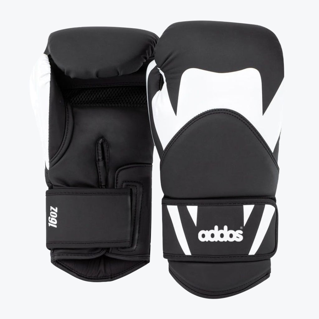 A pair of black and white Addos boxing gloves, with one showing the palm side and 16oz label, and the other showing the back of the hand with the brand logo.