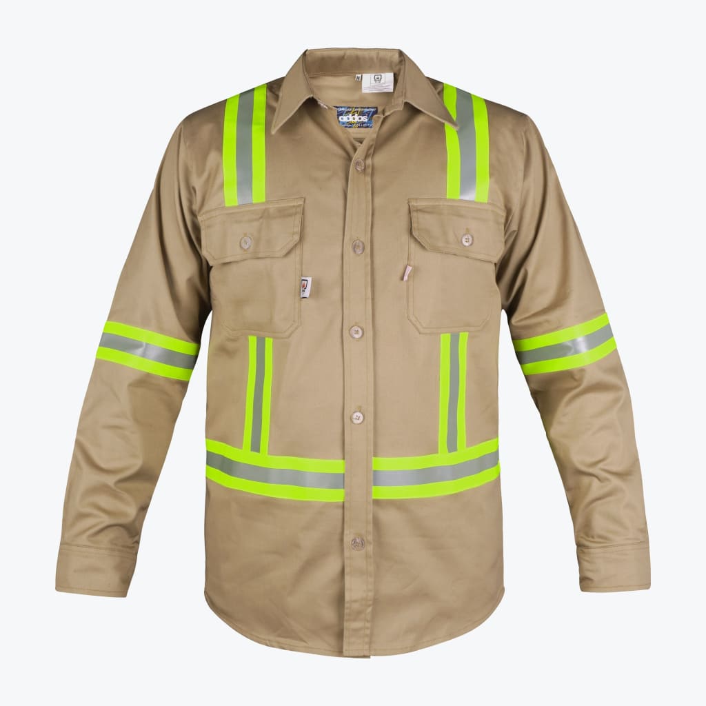 A khaki long-sleeve button-up work shirt with high-visibility yellow and silver reflective stripes on the shoulders, waist, and sleeves.