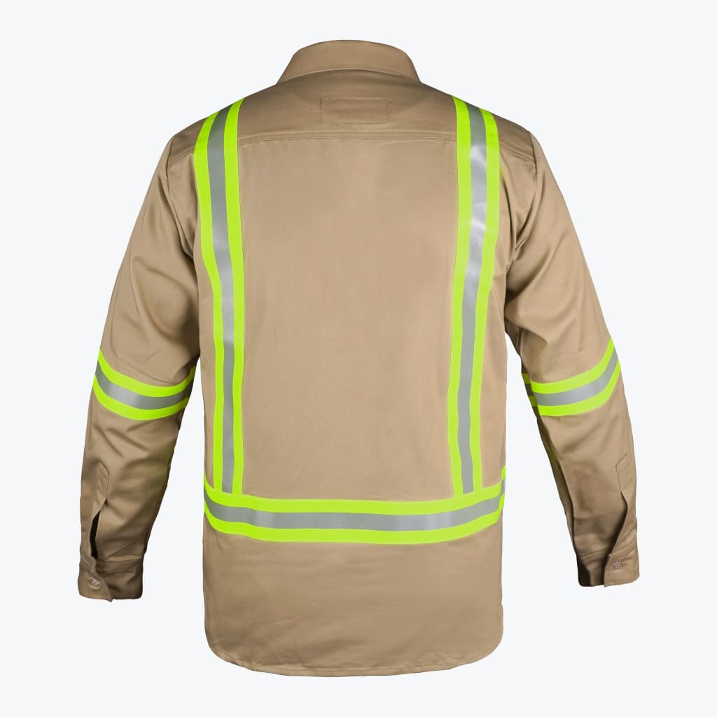 Back view of a tan long-sleeve work shirt with bright lime-green and silver reflective safety stripes on the back and sleeves.