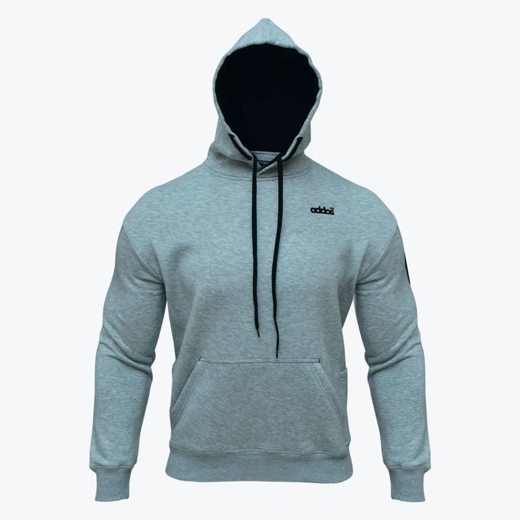 A light grey pullover hoodie with a black-lined hood, black drawstrings, and a front kangaroo pocket, isolated on a white background.