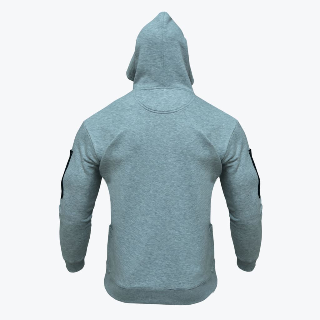 Back view of a fitted light grey heathered hoodie with a hood up and black zipper details on the sleeves, set against a plain white background.