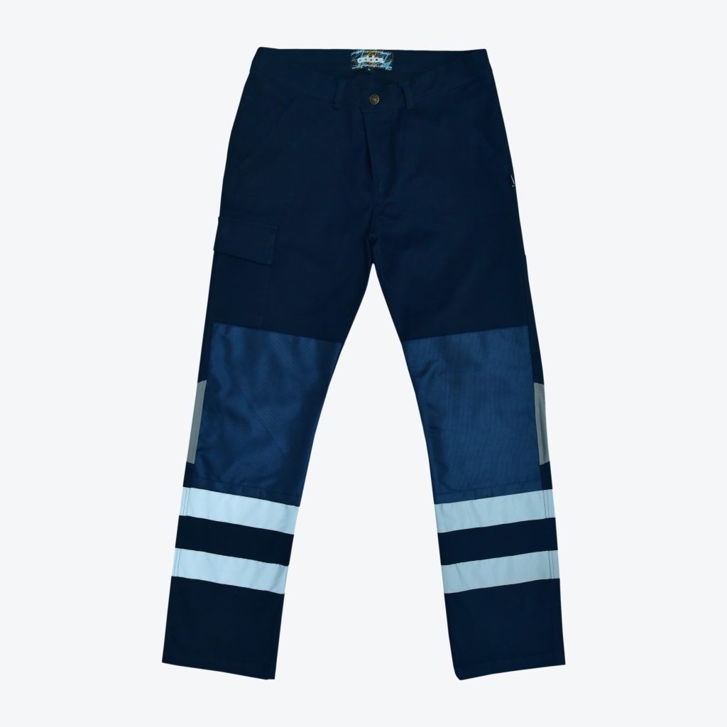 A pair of navy blue work pants with reinforced knee panels and two horizontal reflective stripes on each lower leg, displayed flat on a white background.