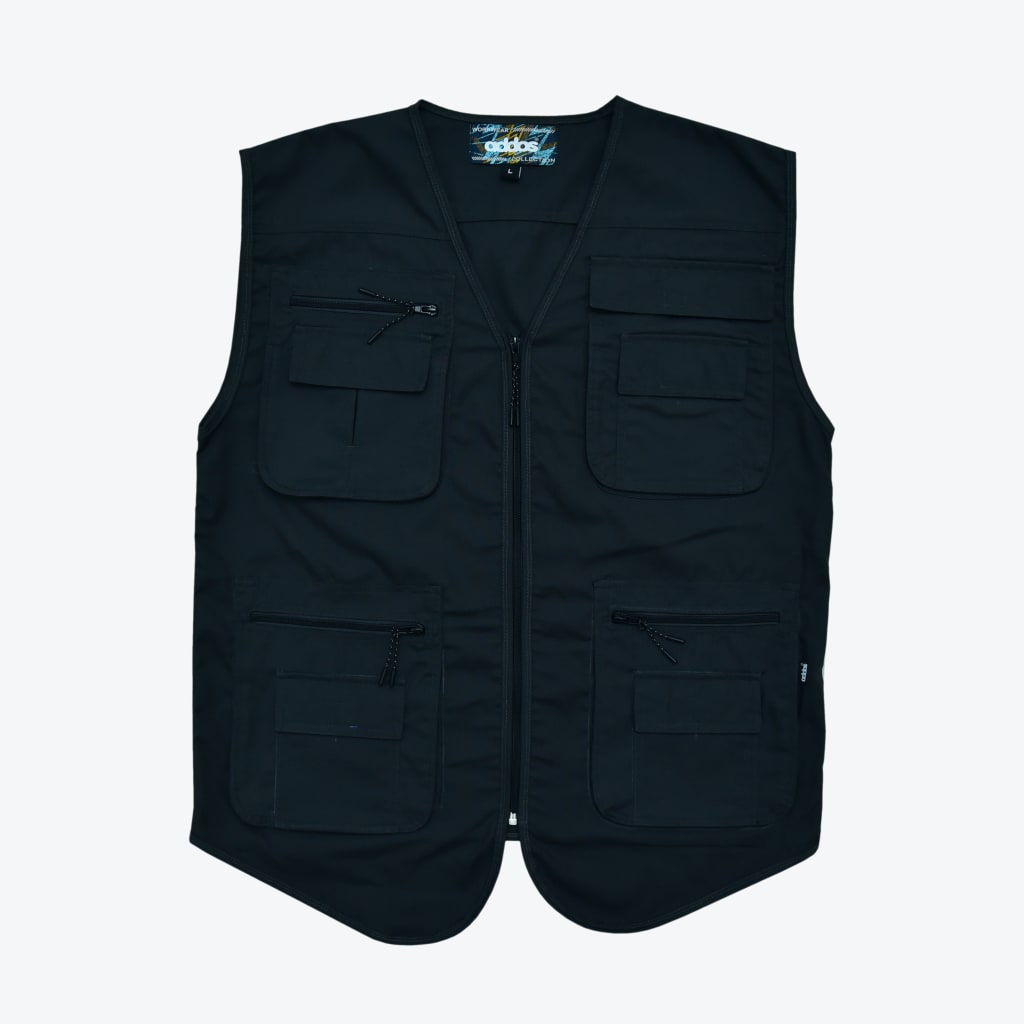 A black utility vest with multiple zippered and flap pockets, a front zipper, and a V-neck, shown flat against a white background.