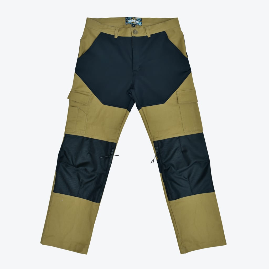 A pair of khaki and black Addos cargo pants laid flat against a white background.