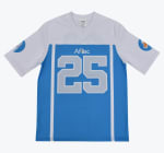 A front view of a light blue and white sports jersey with the Aflac logo and the number 25 on the chest.