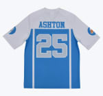 Back view of a white and light blue sports jersey with the name ASHTON and the number 25 printed on the back.
