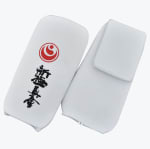 A pair of white slip-on karate shin guards featuring the red Shinkyokushinkai logo and black Japanese kanji on a plain white background.