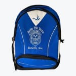 A royal blue backpack with white panels and piping, featuring the Zeta Phi Beta Sorority, Inc. crest, name, and dove logo embroidered on the front.