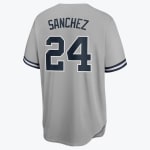 Back view of a grey baseball jersey with SANCHEZ and number 24 in navy blue with white outlines.