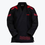Front view of a black Addos BJJ gi jacket featuring red embroidered koi fish on the shoulders, red scale patterns on the sleeves, and red wave lines at the bottom hem against a white background.