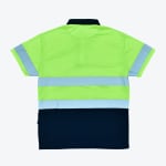 Back view of a high-visibility polo shirt with a fluorescent green top, navy blue bottom, and silver reflective stripes.