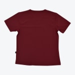 The back view of a solid maroon short-sleeved scrub top with a horizontal yoke seam across the upper back, displayed flat on a white background.