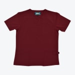 A flat lay photograph of a maroon short-sleeved scrub top with a criss-cross V-neck, a chest pocket, and two lower front pockets against a plain white background.