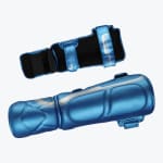 A pair of metallic blue martial arts shin guards, with one showing the padded front and the other showing the black interior with velcro straps.
