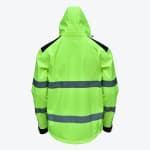 Back view of a neon yellow high-visibility safety jacket with reflective silver stripes and black shoulder panels.