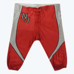 A pair of red football pants with grey side panels, a lace-up front, and a grey NJ logo on the right thigh.