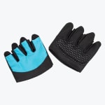 A pair of fingerless swim gloves, one showing a blue back panel and the other showing a black palm with a textured grip pattern, on a white background.