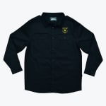 A flat-lay view of a black long-sleeve button-down shirt featuring a yellow Security Service badge on the left chest and two front utility pockets.