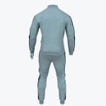 Back view of a grey tracksuit with black side stripes on a mannequin against a white background.