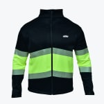 A black athletic jacket with a bright neon yellow midsection and sleeves, bordered by reflective silver stripes, featuring a white addos logo on the chest.