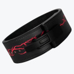 A black leather weightlifting belt with a red lightning pattern and a black lever buckle, shown at an angle on a white background.