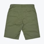 The back view of a pair of olive green shorts featuring two large rear patch pockets, belt loops, and a clean hem on a white background.