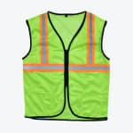A neon green mesh safety vest with reflective silver and orange stripes, a black zipper, and black trim, displayed against a plain white background.