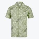 A front view of a light green, short-sleeved button-down shirt with a white tropical leaf pattern and a camp collar.