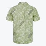 The back view of a light green short-sleeve button-up shirt with a white tropical leaf pattern, featuring a central box pleat on the back yoke.