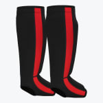 A pair of black slip-on shin and instep guards with a vertical red stripe down the front, shown against a plain white background.