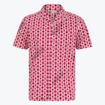 A white short-sleeved button-up shirt with a dense, repeating pattern of small red flowers and leaves.